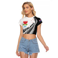 New Zealand Auckland Raglan Cropped T Shirt Auckland's Emblem and Silver Ferns - Maori Art Tattoo LT03 Female Light Blue - Polynesian Pride