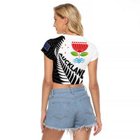 New Zealand Auckland Raglan Cropped T Shirt Auckland's Emblem and Silver Ferns - Maori Art Tattoo LT03 - Polynesian Pride