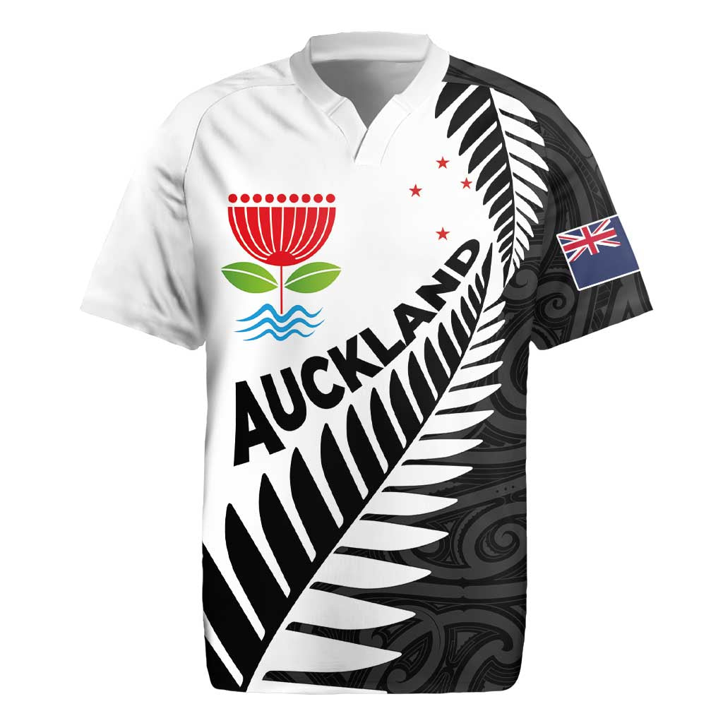 New Zealand Auckland Rugby Jersey Auckland's Emblem and Silver Ferns - Maori Art Tattoo LT03 Light Blue - Polynesian Pride