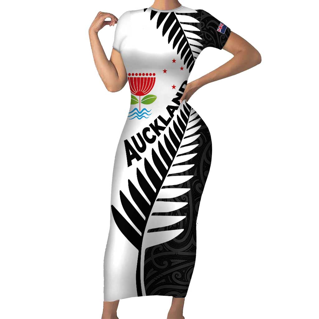 New Zealand Auckland Short Sleeve Bodycon Dress Auckland's Emblem and Silver Ferns - Maori Art Tattoo LT03 Long Dress Light Blue - Polynesian Pride