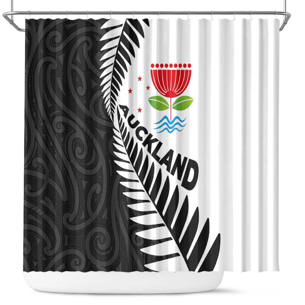 New Zealand Auckland Shower Curtain Auckland's Emblem and Silver Ferns - Maori Art Tattoo LT03 Light Blue - Polynesian Pride