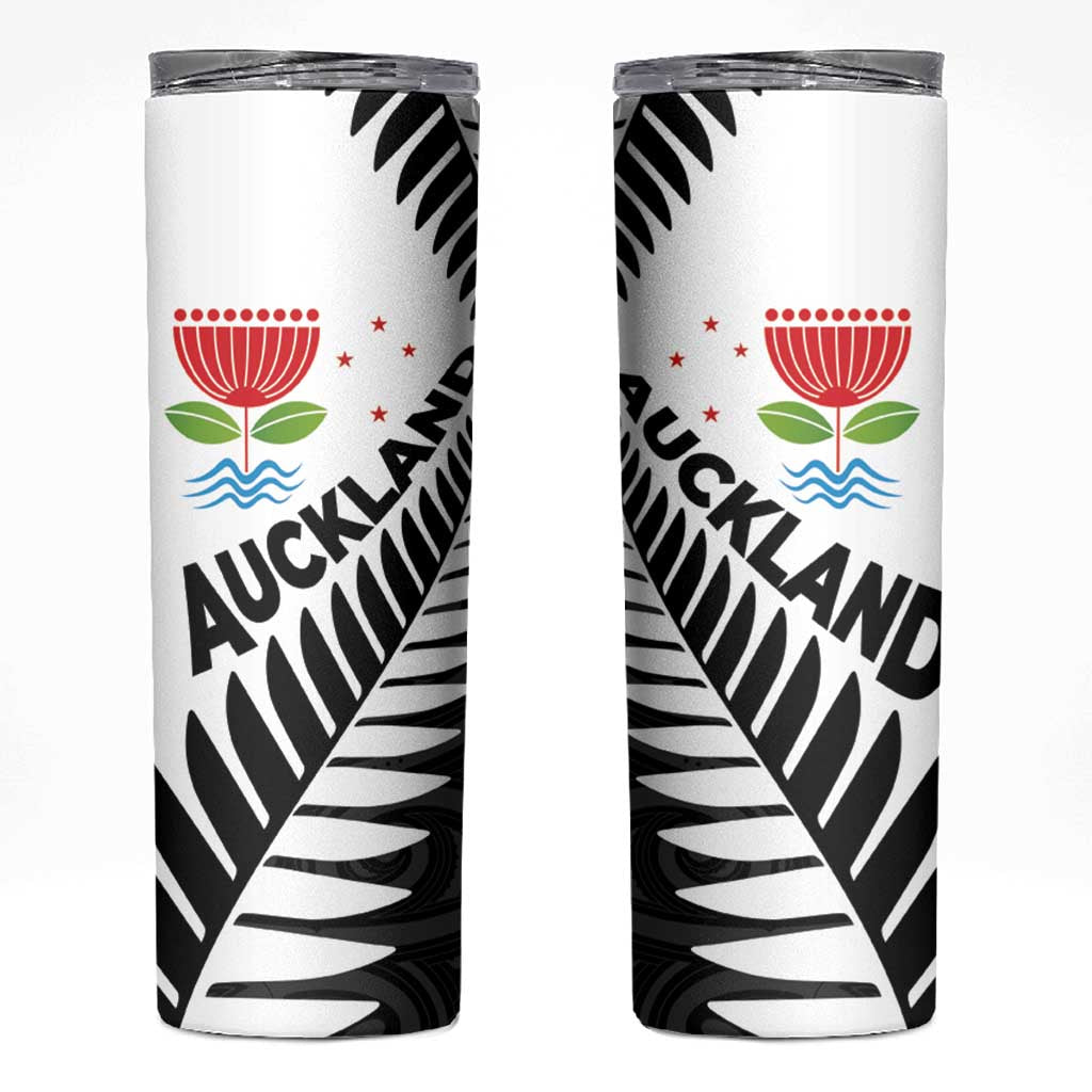 New Zealand Auckland Skinny Tumbler Auckland's Emblem and Silver Ferns - Maori Art Tattoo LT03 Light Blue - Polynesian Pride