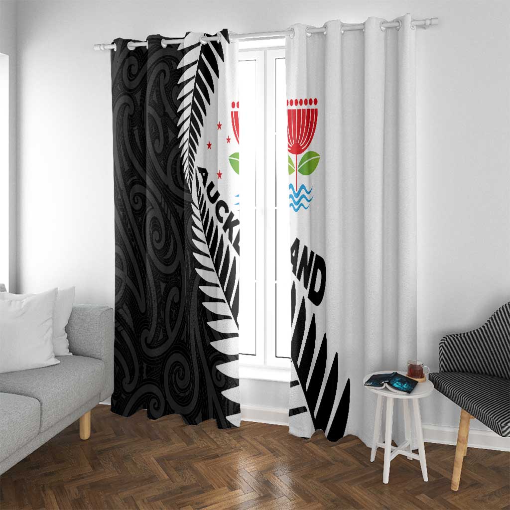 New Zealand Auckland Window Curtain Auckland's Emblem and Silver Ferns - Maori Art Tattoo LT03 With Grommets Light Blue - Polynesian Pride