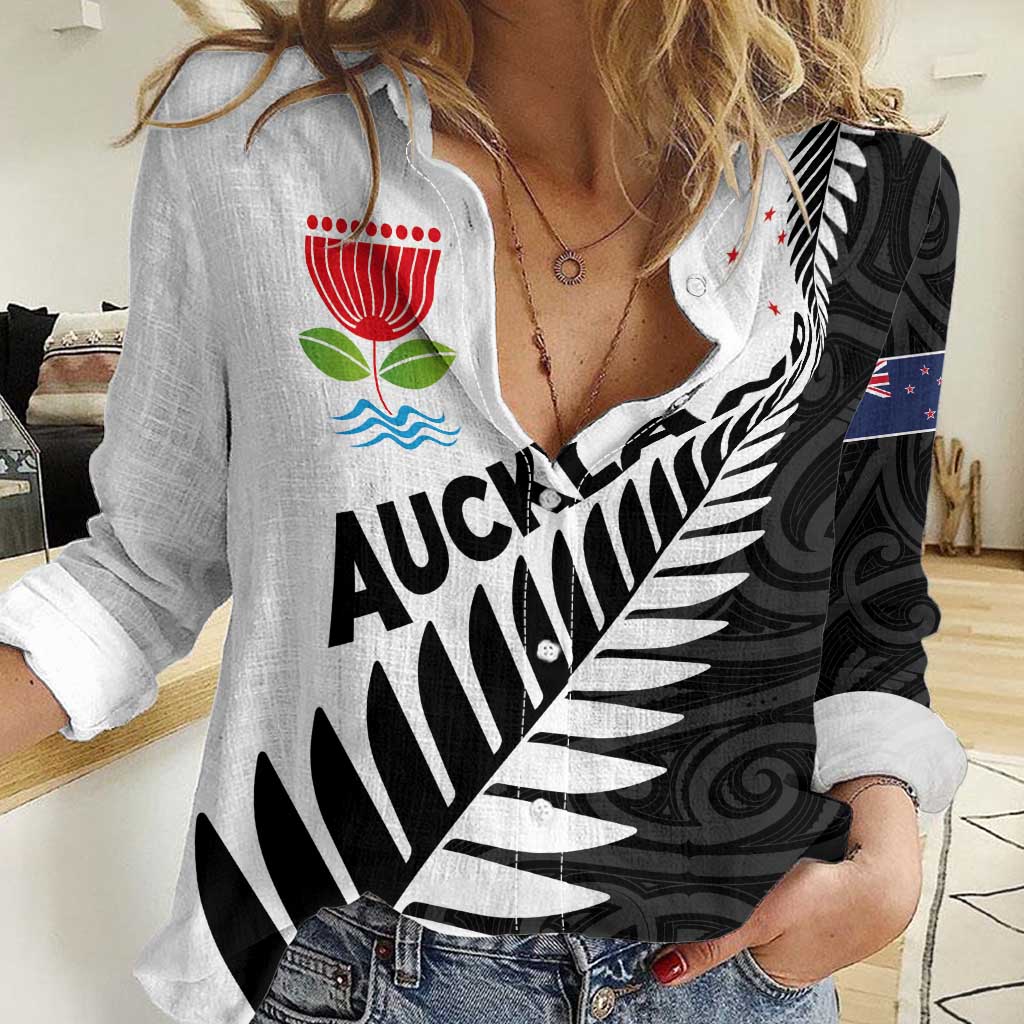 New Zealand Auckland Women Casual Shirt Auckland's Emblem and Silver Ferns - Maori Art Tattoo LT03 Female Light Blue - Polynesian Pride
