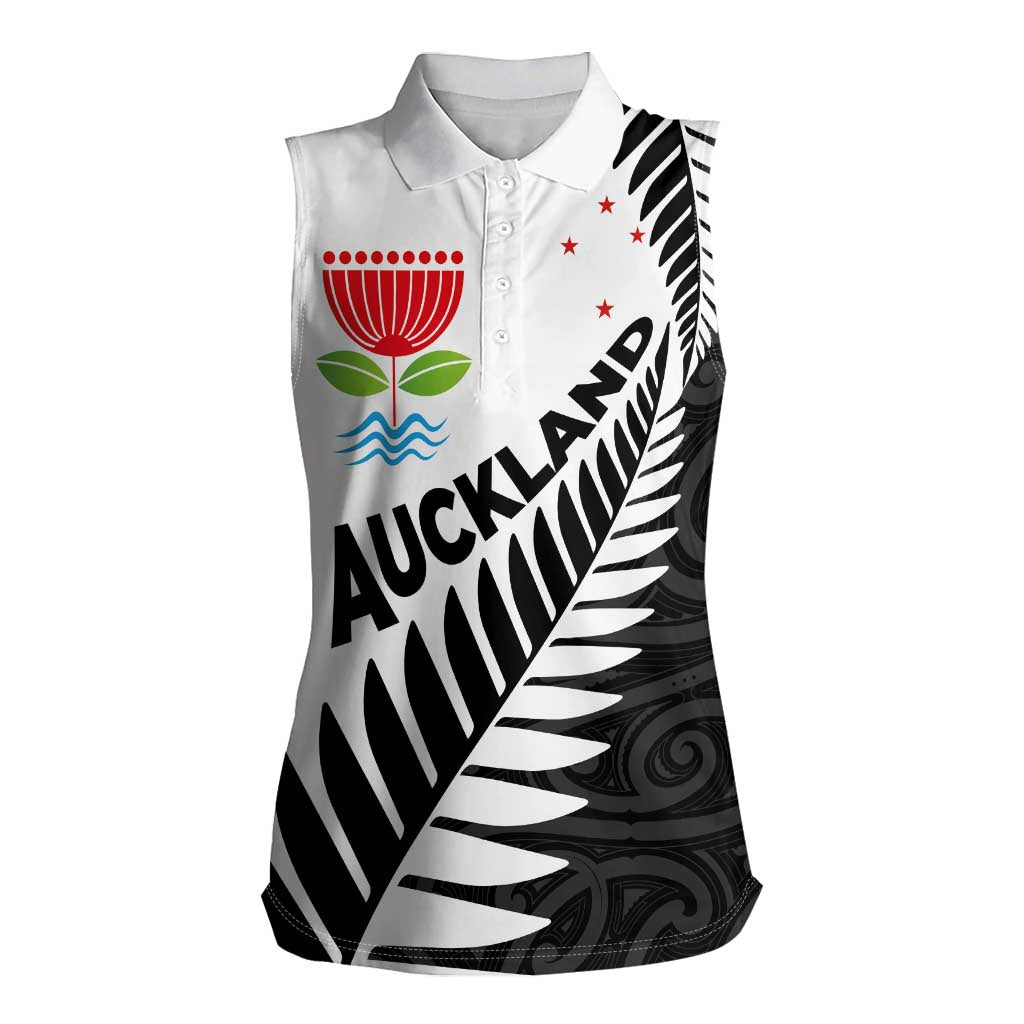 New Zealand Auckland Women Sleeveless Polo Shirt Auckland's Emblem and Silver Ferns - Maori Art Tattoo LT03 Female Light Blue - Polynesian Pride