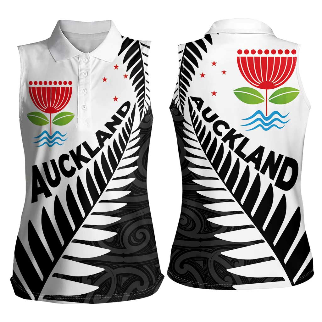 New Zealand Auckland Women Sleeveless Polo Shirt Auckland's Emblem and Silver Ferns - Maori Art Tattoo LT03 - Polynesian Pride
