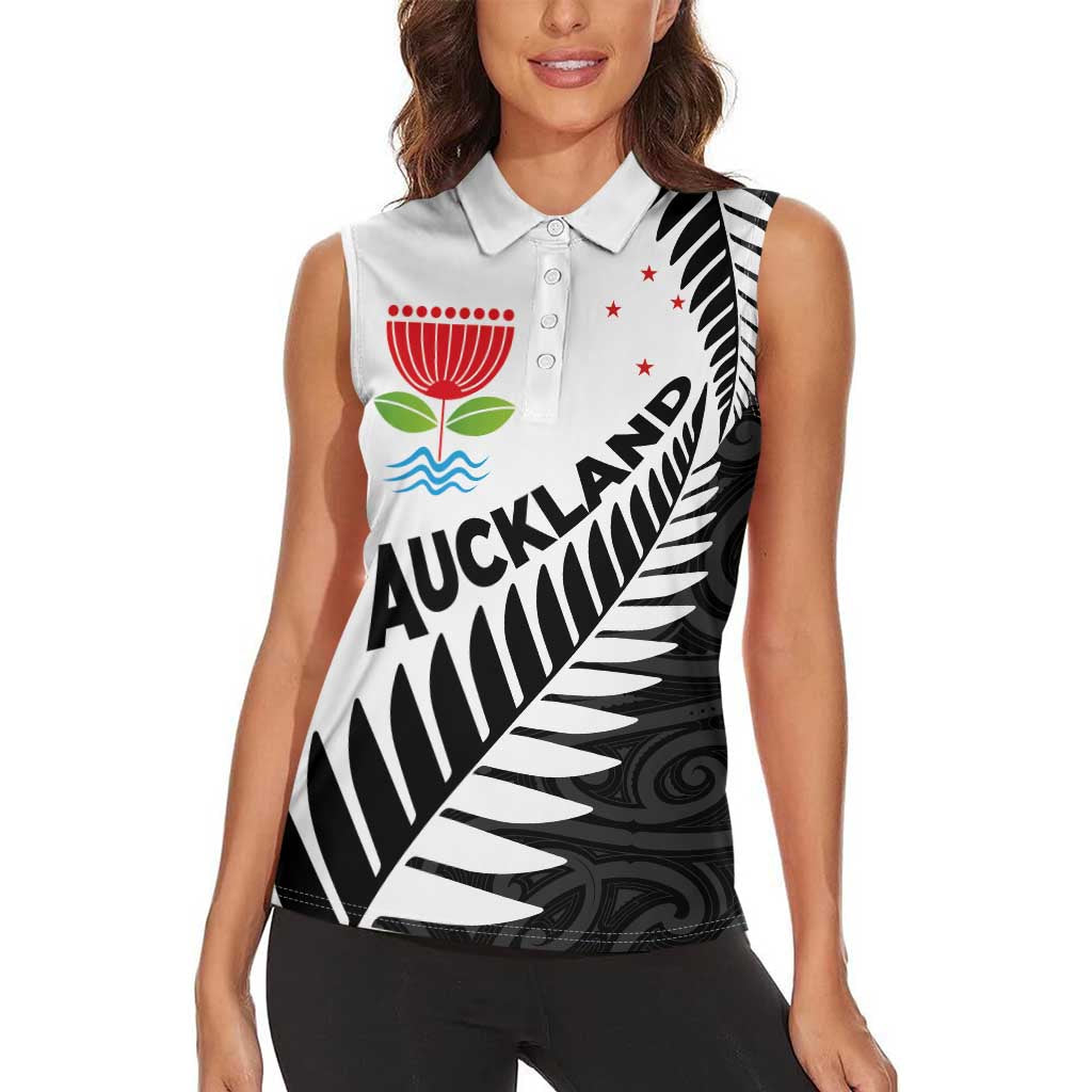 New Zealand Auckland Women Sleeveless Polo Shirt Auckland's Emblem and Silver Ferns - Maori Art Tattoo LT03 - Polynesian Pride