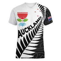 New Zealand Auckland Women V-Neck T-Shirt Auckland's Emblem and Silver Ferns - Maori Art Tattoo