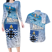 New Zealand Nelson Couples Matching Long Sleeve Bodycon Dress and Hawaiian Shirt Nelson's Flag and Seal - Maori Art Tattoo LT03 White - Polynesian Pride