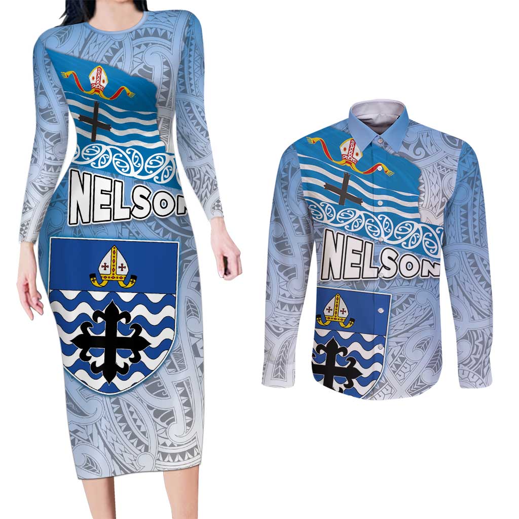 New Zealand Nelson Couples Matching Long Sleeve Bodycon Dress and Long Sleeve Button Shirt Nelson's Flag and Seal - Maori Art Tattoo