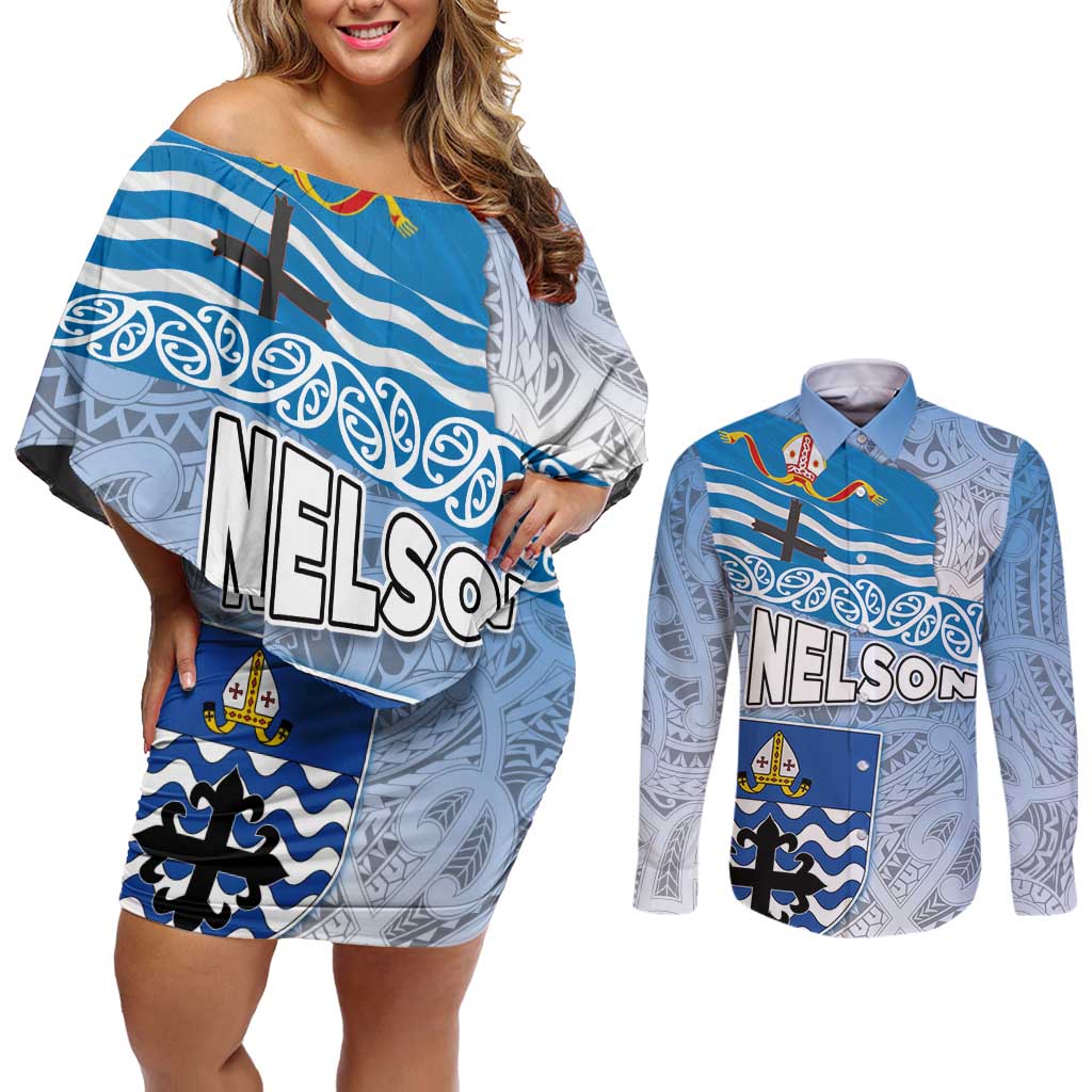 New Zealand Nelson Couples Matching Off Shoulder Short Dress and Long Sleeve Button Shirt Nelson's Flag and Seal - Maori Art Tattoo