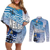 New Zealand Nelson Couples Matching Off Shoulder Short Dress and Long Sleeve Button Shirt Nelson's Flag and Seal - Maori Art Tattoo