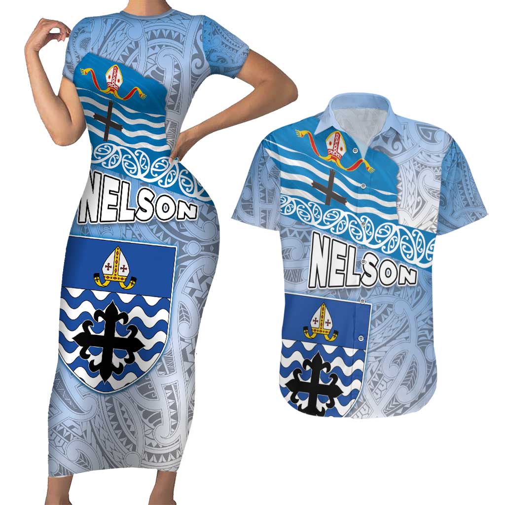 New Zealand Nelson Couples Matching Short Sleeve Bodycon Dress and Hawaiian Shirt Nelson's Flag and Seal - Maori Art Tattoo LT03 White - Polynesian Pride