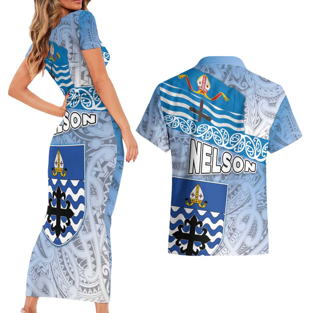 New Zealand Nelson Couples Matching Short Sleeve Bodycon Dress and Hawaiian Shirt Nelson's Flag and Seal - Maori Art Tattoo LT03 - Polynesian Pride
