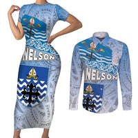 New Zealand Nelson Couples Matching Short Sleeve Bodycon Dress and Long Sleeve Button Shirt Nelson's Flag and Seal - Maori Art Tattoo