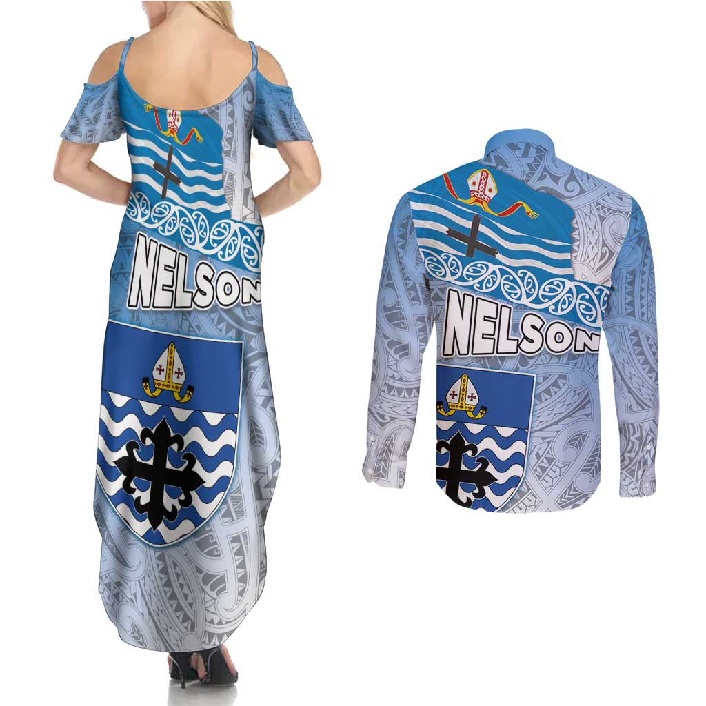 New Zealand Nelson Couples Matching Summer Maxi Dress and Long Sleeve Button Shirt Nelson's Flag and Seal - Maori Art Tattoo