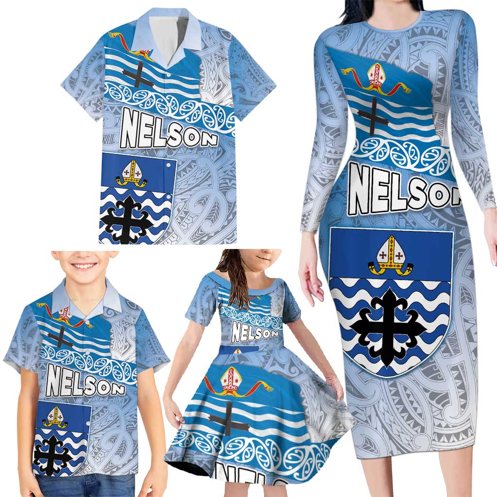 New Zealand Nelson Family Matching Long Sleeve Bodycon Dress and Hawaiian Shirt Nelson's Flag and Seal - Maori Art Tattoo LT03 - Polynesian Pride