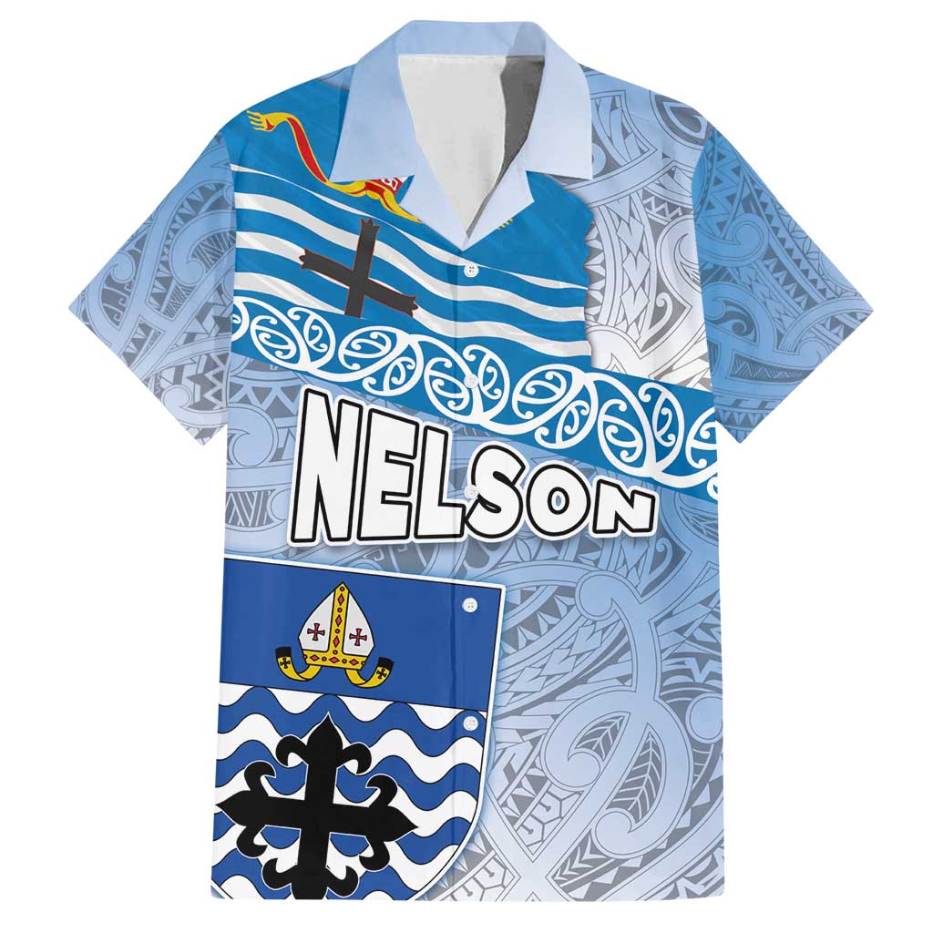 New Zealand Nelson Family Matching Long Sleeve Bodycon Dress and Hawaiian Shirt Nelson's Flag and Seal - Maori Art Tattoo LT03 Dad's Shirt - Short Sleeve White - Polynesian Pride