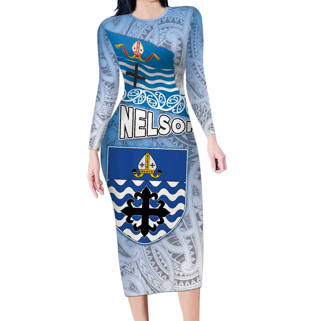 New Zealand Nelson Family Matching Long Sleeve Bodycon Dress and Hawaiian Shirt Nelson's Flag and Seal - Maori Art Tattoo LT03 Mom's Dress White - Polynesian Pride