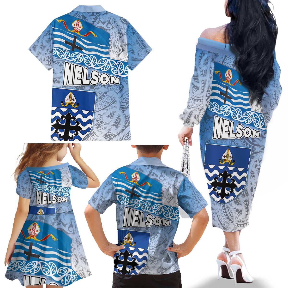 New Zealand Nelson Family Matching Off The Shoulder Long Sleeve Dress and Hawaiian Shirt Nelson's Flag and Seal - Maori Art Tattoo LT03 - Polynesian Pride