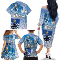 New Zealand Nelson Family Matching Off The Shoulder Long Sleeve Dress and Hawaiian Shirt Nelson's Flag and Seal - Maori Art Tattoo LT03 - Polynesian Pride