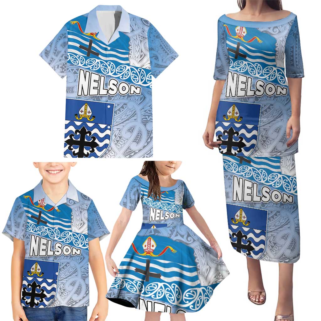 New Zealand Nelson Family Matching Puletasi and Hawaiian Shirt Nelson's Flag and Seal - Maori Art Tattoo LT03 - Polynesian Pride
