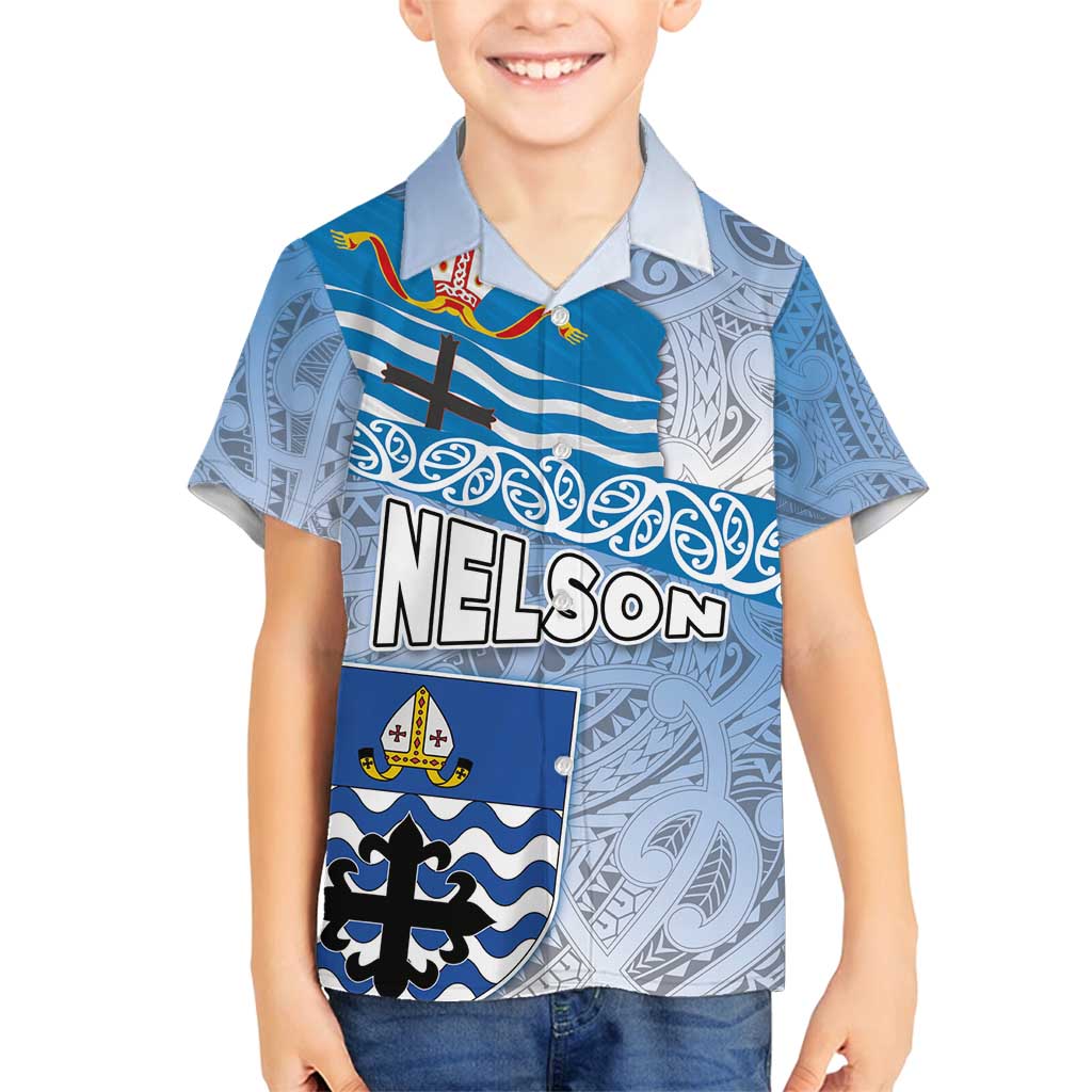 New Zealand Nelson Family Matching Puletasi and Hawaiian Shirt Nelson's Flag and Seal - Maori Art Tattoo LT03 Son's Shirt White - Polynesian Pride