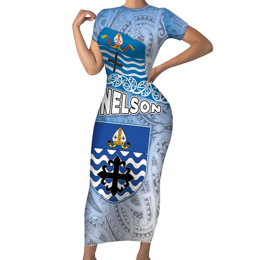 New Zealand Nelson Family Matching Short Sleeve Bodycon Dress and Hawaiian Shirt Nelson's Flag and Seal - Maori Art Tattoo LT03 Mom's Dress White - Polynesian Pride