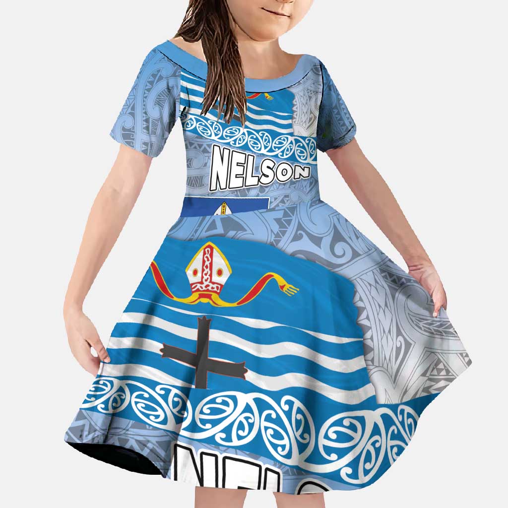 New Zealand Nelson Family Matching Summer Maxi Dress and Hawaiian Shirt Nelson's Flag and Seal - Maori Art Tattoo LT03 Daughter's Dress White - Polynesian Pride