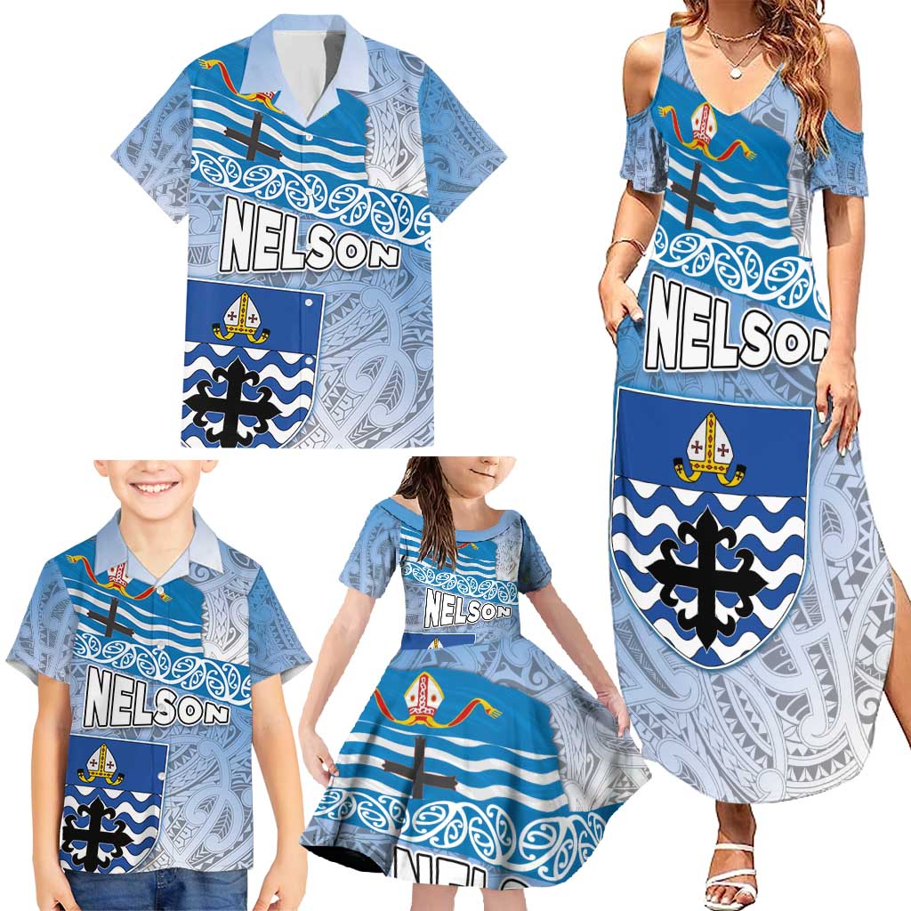 New Zealand Nelson Family Matching Summer Maxi Dress and Hawaiian Shirt Nelson's Flag and Seal - Maori Art Tattoo LT03 - Polynesian Pride