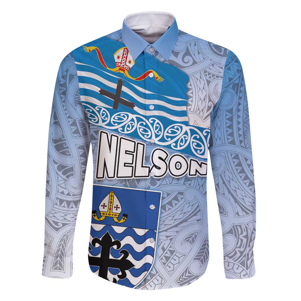 New Zealand Nelson Family Matching Tank Maxi Dress and Hawaiian Shirt Nelson's Flag and Seal - Maori Art Tattoo LT03 Dad's Shirt - Long Sleeve White - Polynesian Pride