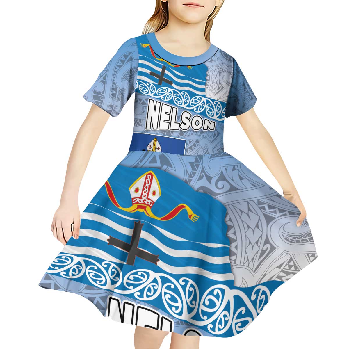 New Zealand Nelson Kid Short Sleeve Dress Nelson's Flag and Seal - Maori Art Tattoo LT03 - Polynesian Pride