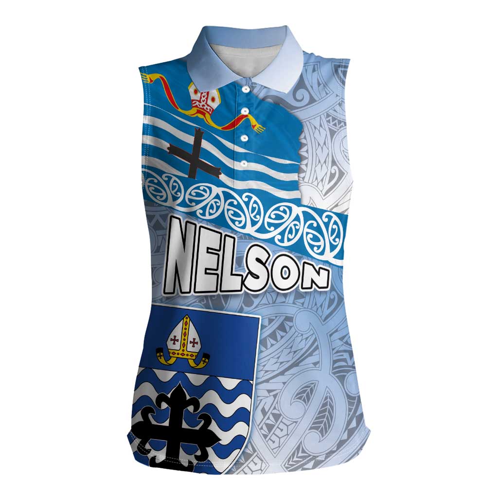 New Zealand Nelson Women Sleeveless Polo Shirt Nelson's Flag and Seal - Maori Art Tattoo LT03 Female White - Polynesian Pride
