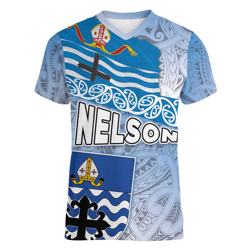 New Zealand Nelson Women V-Neck T-Shirt Nelson's Flag and Seal - Maori Art Tattoo