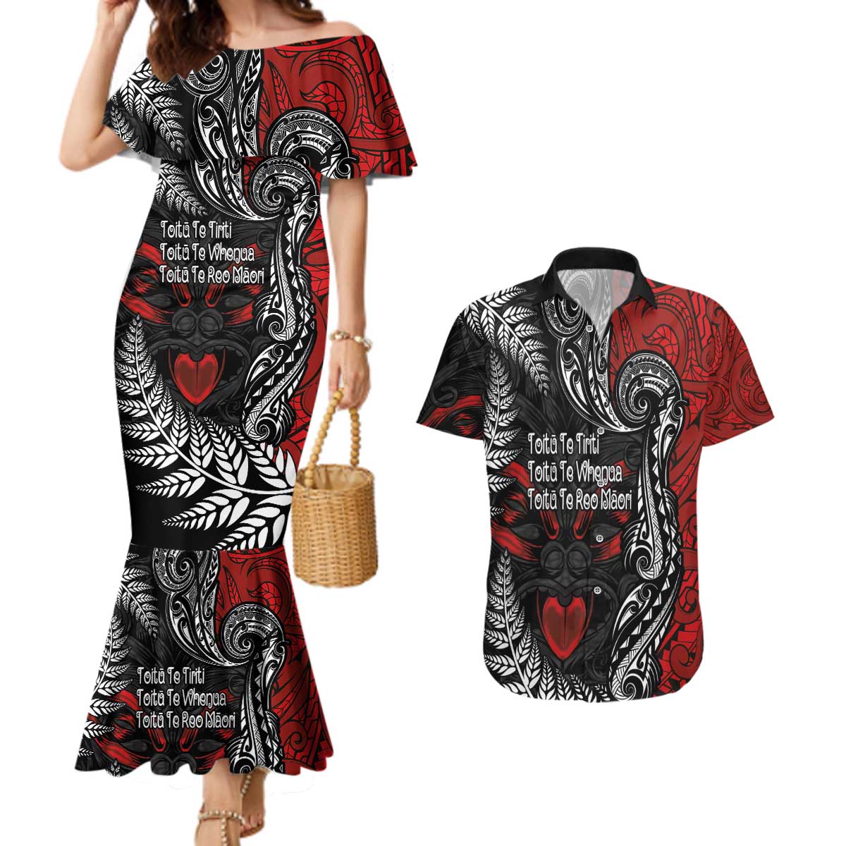 Aotearoa Toitu Te Tiriti Couples Matching Mermaid Dress and Hawaiian Shirt New Zealand Honour the Treaty - Te Tiriti Is Us LT03 Red - Polynesian Pride