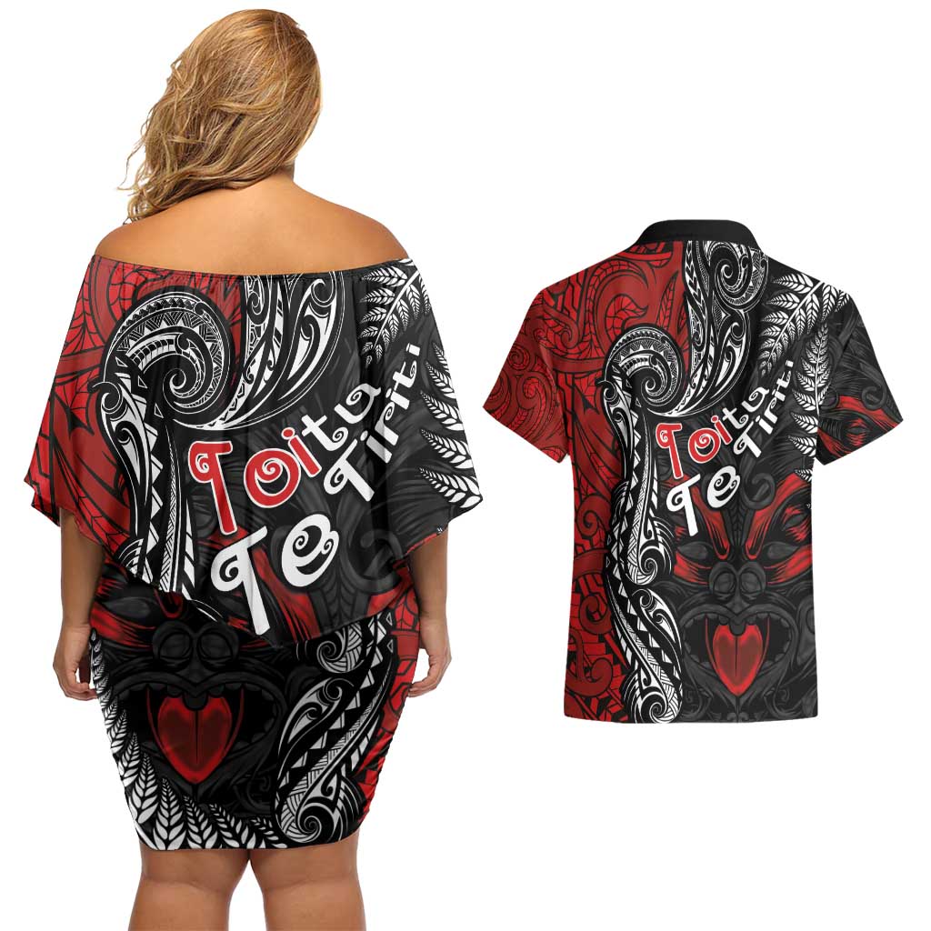 Aotearoa Toitu Te Tiriti Couples Matching Off Shoulder Short Dress and Hawaiian Shirt New Zealand Honour the Treaty - Te Tiriti Is Us