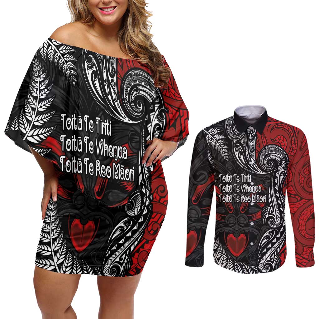 Aotearoa Toitu Te Tiriti Couples Matching Off Shoulder Short Dress and Long Sleeve Button Shirt New Zealand Honour the Treaty - Te Tiriti Is Us