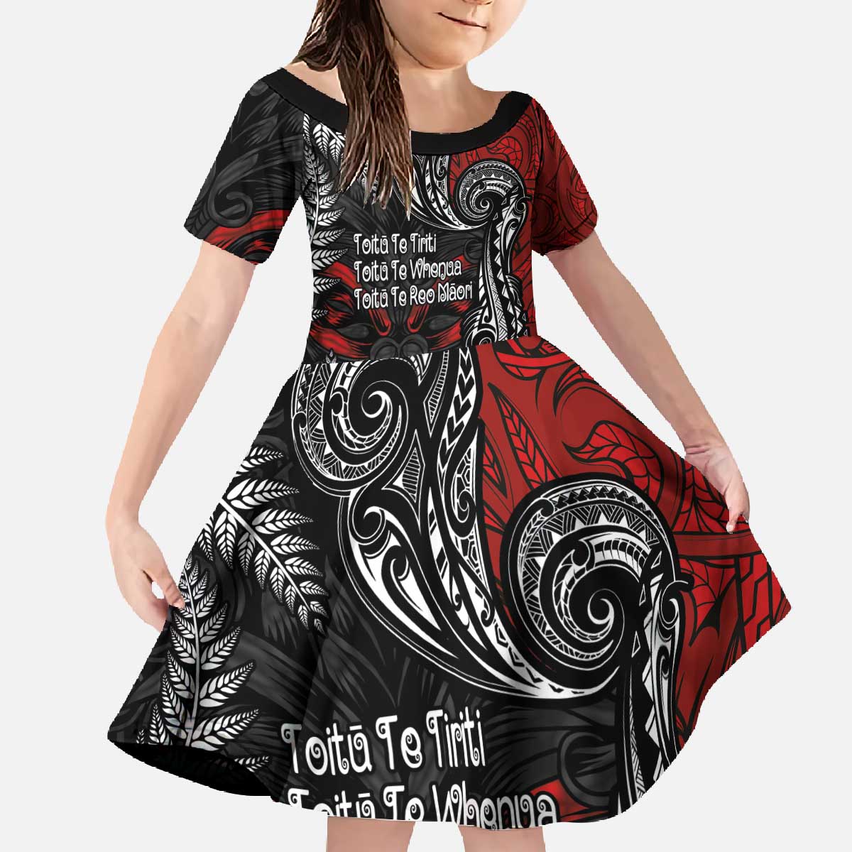Aotearoa Toitu Te Tiriti Family Matching Off The Shoulder Long Sleeve Dress and Hawaiian Shirt New Zealand Honour the Treaty - Te Tiriti Is Us LT03 Daughter's Dress Red - Polynesian Pride