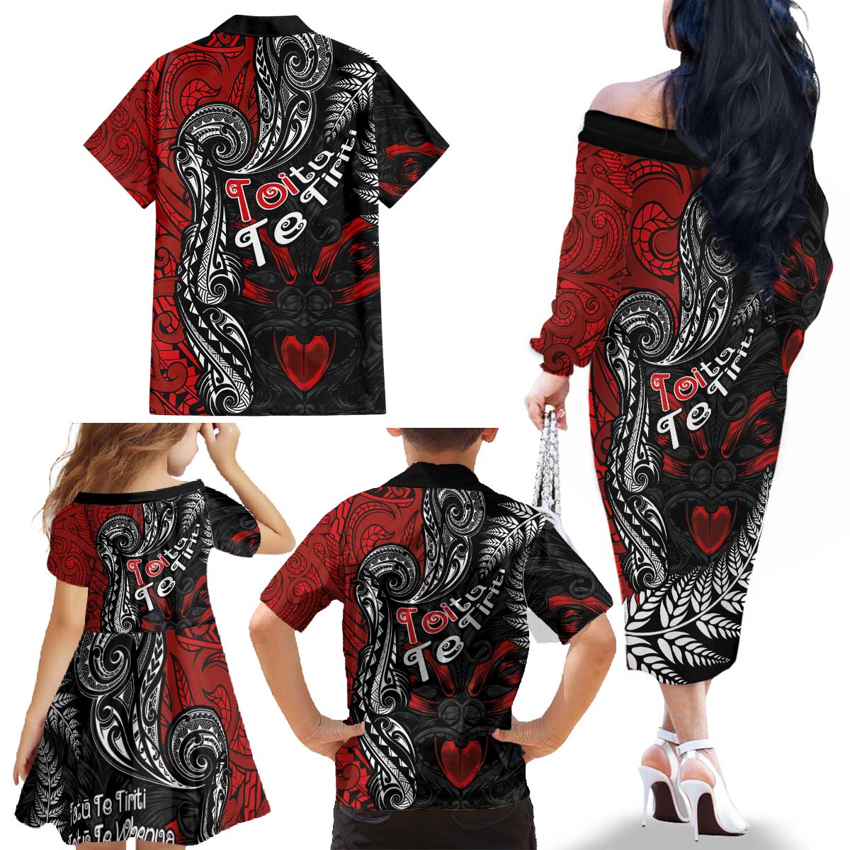 Aotearoa Toitu Te Tiriti Family Matching Off The Shoulder Long Sleeve Dress and Hawaiian Shirt New Zealand Honour the Treaty - Te Tiriti Is Us LT03 - Polynesian Pride