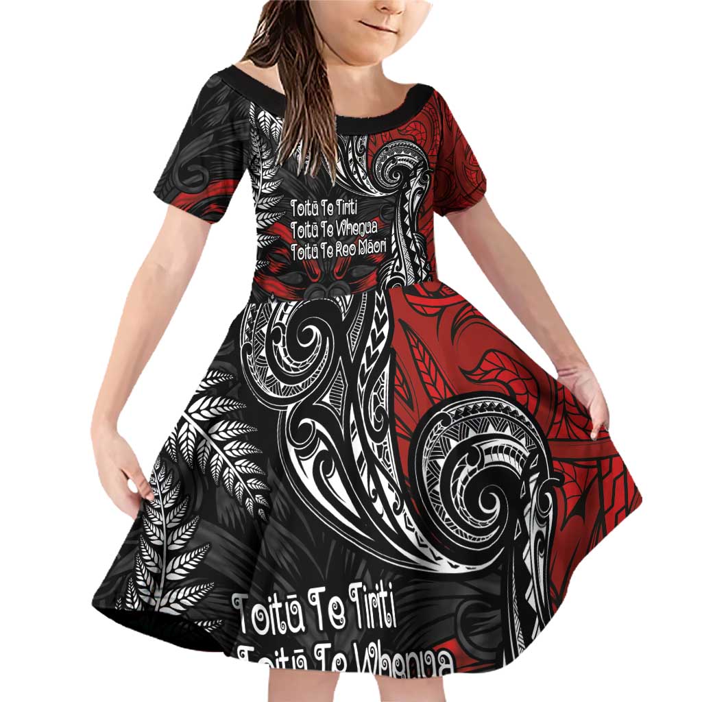 Aotearoa Toitu Te Tiriti Family Matching Off Shoulder Short Dress and Hawaiian Shirt New Zealand Honour the Treaty - Te Tiriti Is Us LT03 Daughter's Dress Red - Polynesian Pride