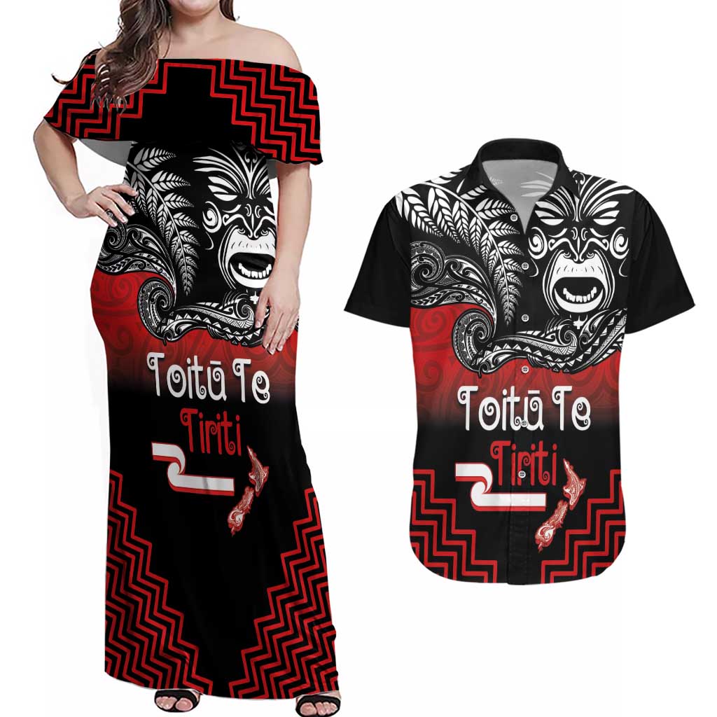 Aotearoa Toitu Te Tiriti Couples Matching Off Shoulder Maxi Dress and Hawaiian Shirt New Zealand Honour the Treaty - Fight Together LT03 Red - Polynesian Pride