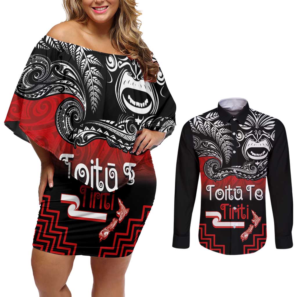 Aotearoa Toitu Te Tiriti Couples Matching Off Shoulder Short Dress and Long Sleeve Button Shirt New Zealand Honour the Treaty - Fight Together
