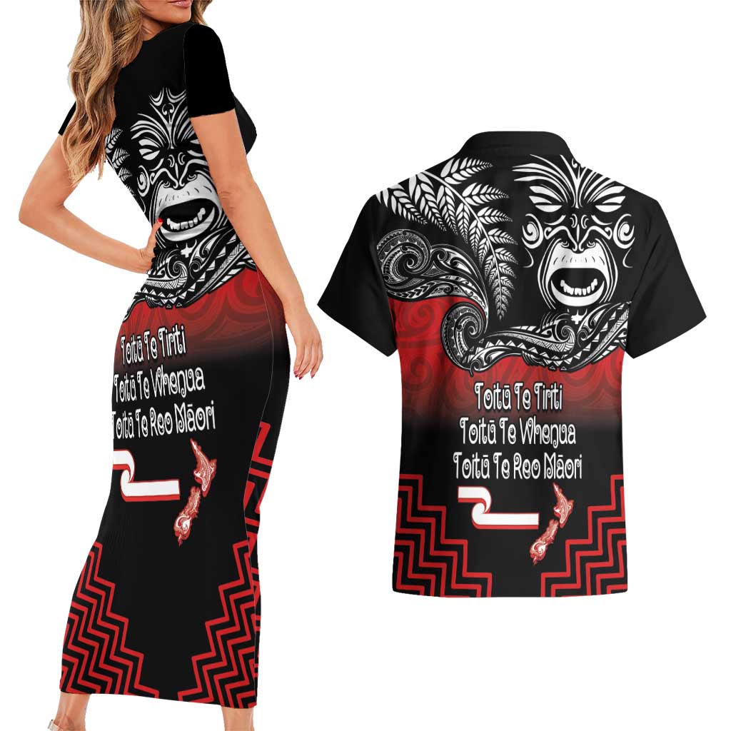 Aotearoa Toitu Te Tiriti Couples Matching Short Sleeve Bodycon Dress and Hawaiian Shirt New Zealand Honour the Treaty - Fight Together LT03 - Polynesian Pride