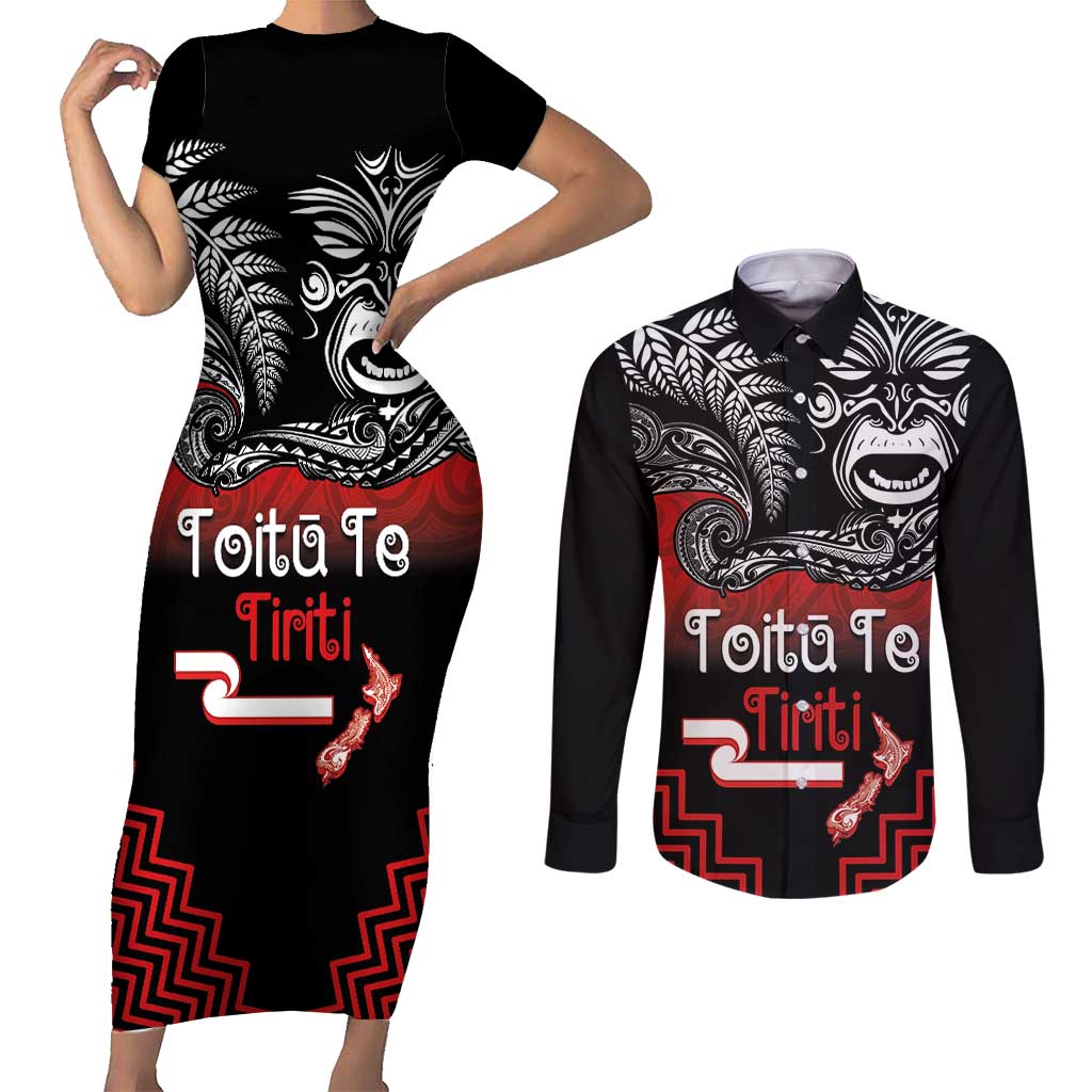 Aotearoa Toitu Te Tiriti Couples Matching Short Sleeve Bodycon Dress and Long Sleeve Button Shirt New Zealand Honour the Treaty - Fight Together