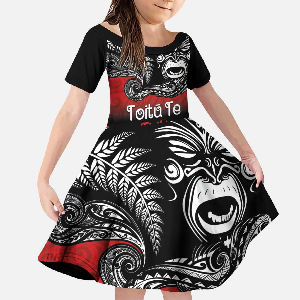 Aotearoa Toitu Te Tiriti Family Matching Long Sleeve Bodycon Dress and Hawaiian Shirt New Zealand Honour the Treaty - Fight Together LT03 Daughter's Dress Red - Polynesian Pride