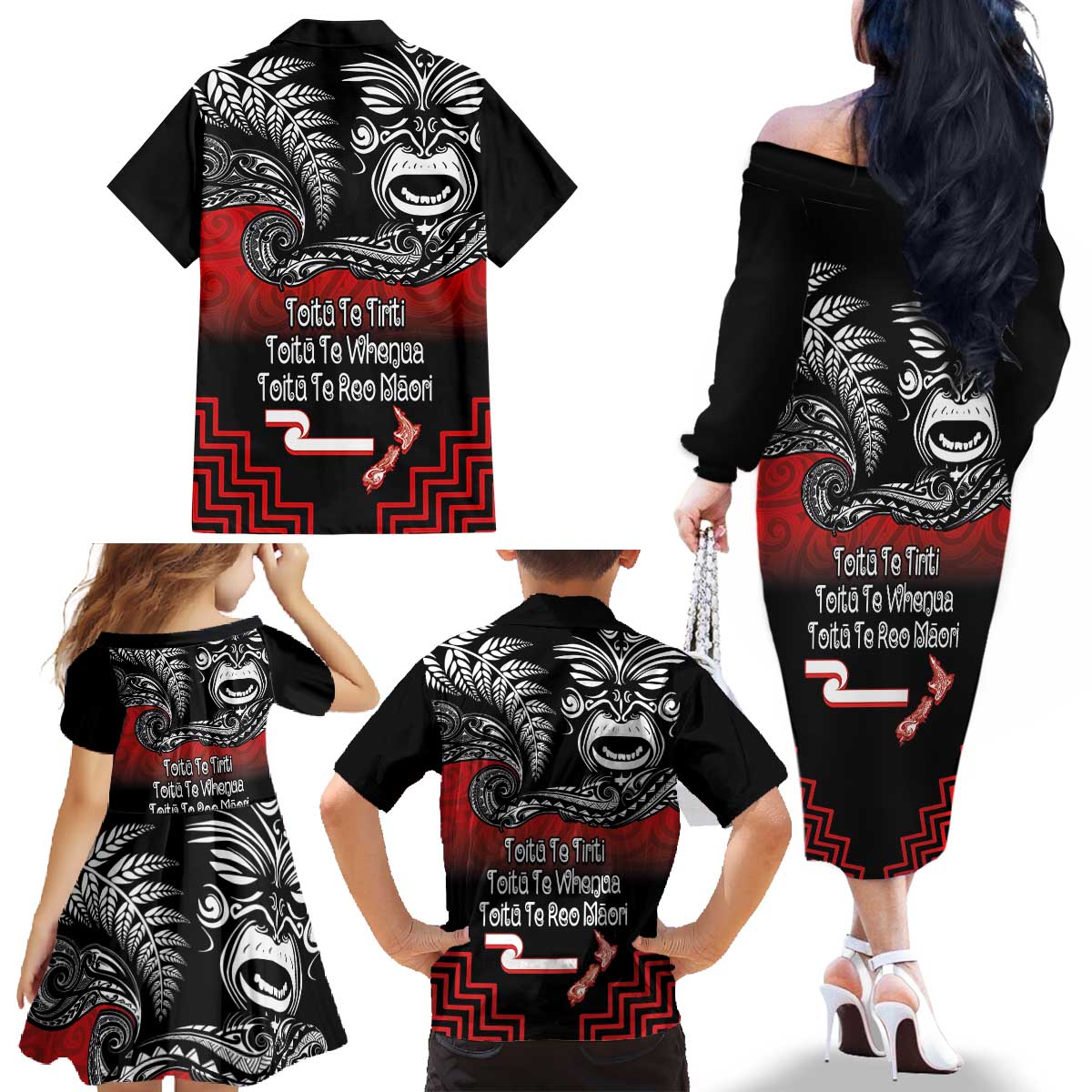 Aotearoa Toitu Te Tiriti Family Matching Off The Shoulder Long Sleeve Dress and Hawaiian Shirt New Zealand Honour the Treaty - Fight Together LT03 - Polynesian Pride