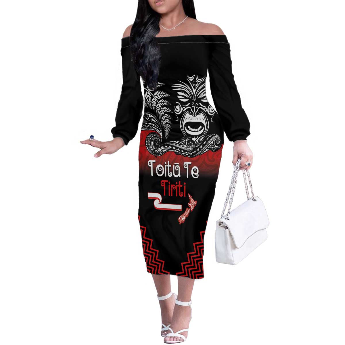 Aotearoa Toitu Te Tiriti Family Matching Off The Shoulder Long Sleeve Dress and Hawaiian Shirt New Zealand Honour the Treaty - Fight Together LT03 Mom's Dress Red - Polynesian Pride
