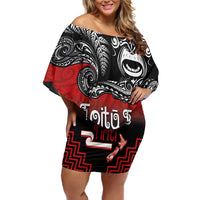 Aotearoa Toitu Te Tiriti Family Matching Off Shoulder Short Dress and Hawaiian Shirt New Zealand Honour the Treaty - Fight Together LT03 Mom's Dress Red - Polynesian Pride