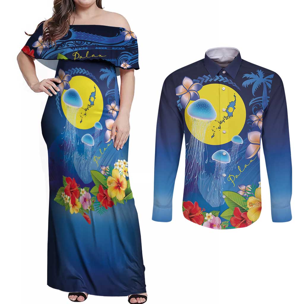 Palau Jellyfish Couples Matching Off Shoulder Maxi Dress and Long Sleeve Button Shirt Ocean Heritage Tropical Plants LT03 Blue - Polynesian Pride