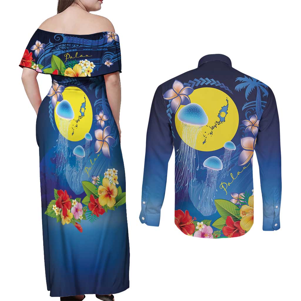 Palau Jellyfish Couples Matching Off Shoulder Maxi Dress and Long Sleeve Button Shirt Ocean Heritage Tropical Plants LT03 - Polynesian Pride
